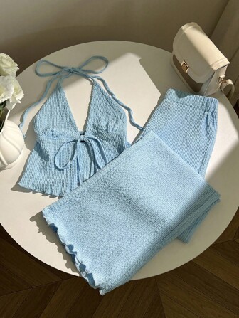 Elamini Conjunto de pantalón de pierna ancha suelta con cuello halter plisado de tela texturizada