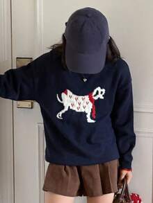 女童圆领小狗图案毛衣，青少年女孩秋季服装 - 寶藍色 - 查看 7