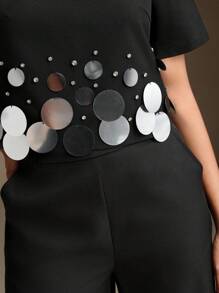 Anewsta Sequin Beaded Party Crop Top, Short Sleeve - Black - View 5