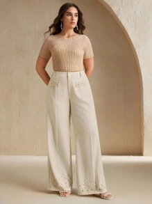 Anewsta 大码女式现代优雅新款混合珍珠和水钻装饰阔腿裤