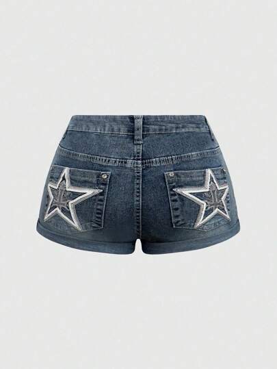 Grunge Punk Short en jean avec broderie d'étoiles rétro Y2K sur le dos
