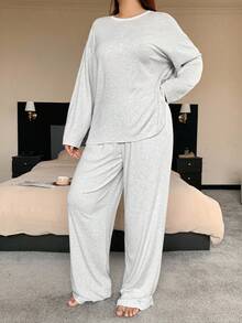 Dazy Plus Bộ đồ ngủ tay dài cổ tròn phối vải chắp vá màu tương phản kèm quần ống rộng, cỡ lớn dành cho nữ, trang phục thu đông, trang phục ấm áp - Xám - Xem 3