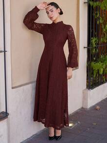 Andrea Bello Women's Long Sleeve Lace Burgundy Dress Maxi Women Outfit