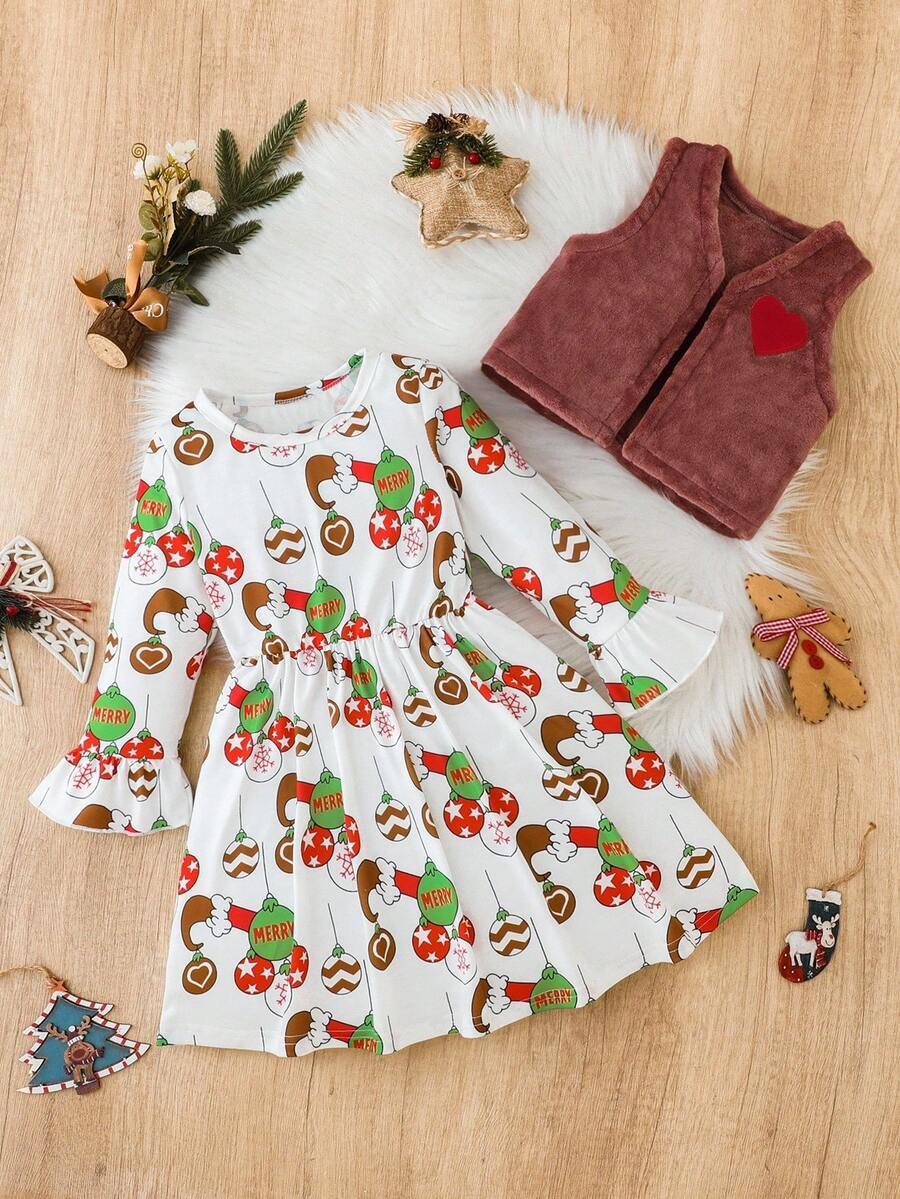 SHEIN Bộ 2 món áo len cardigan mềm mại thêu hình trái tim màu xanh lá cây phong cách Giáng sinh cho bé gái mùa thu/đông, họa tiết Giáng sinh, thiết kế đơn giản, thích hợp mặc hàng ngày và mặc thường ngày - Nhiều màu - Xem 1