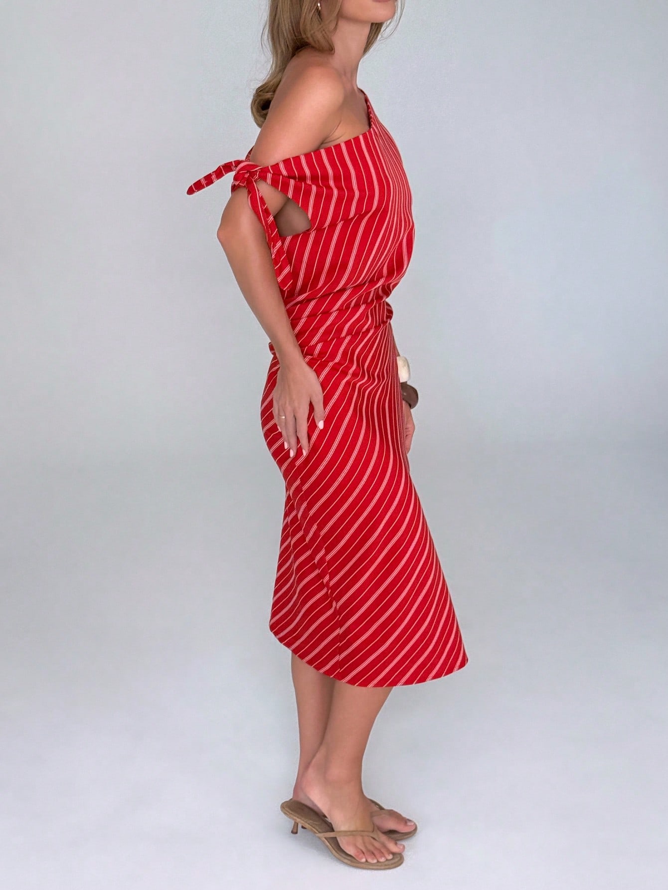 AiiRZ AiiRZ Diagonal Striped Midi Dress Off Shoulder Tie Sleeve Ruched Summer Holiday Beach Resort Day Party Gathering Bodycon Stunning Waist Detail