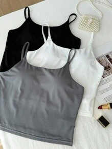 SHEIN Girlism Bộ 3 áo ba lỗ bó sát dành cho bé gái tuổi teen, màu đen/trắng/xám, áo ba lỗ thông thường đa năng, phù hợp với mọi mùa - Nhiều màu - Xem 2
