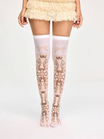 Grunge Punk Lolita Cross & Bow Print Over-The-Knee Socks, Fashionable Party/Gathering Socks For Girls, Summer