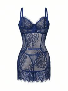 2 件套性感蕾丝钢圈睡衣和丁字裤 - 藏蓝色 - 查看 7