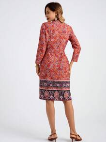 SHEIN LUNE Women's Lace-Up Long Sleeve Floral Patchwork Casual Midi Dress Summer Outfits For Women - Multicolor - View 2