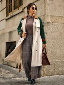 SHEIN LUNE Plus Size Solid Color Button Front Splice Long Sleeve Casual Trench Coat Fall Winter Cloth For Women Autumn - Multicolor - View 4