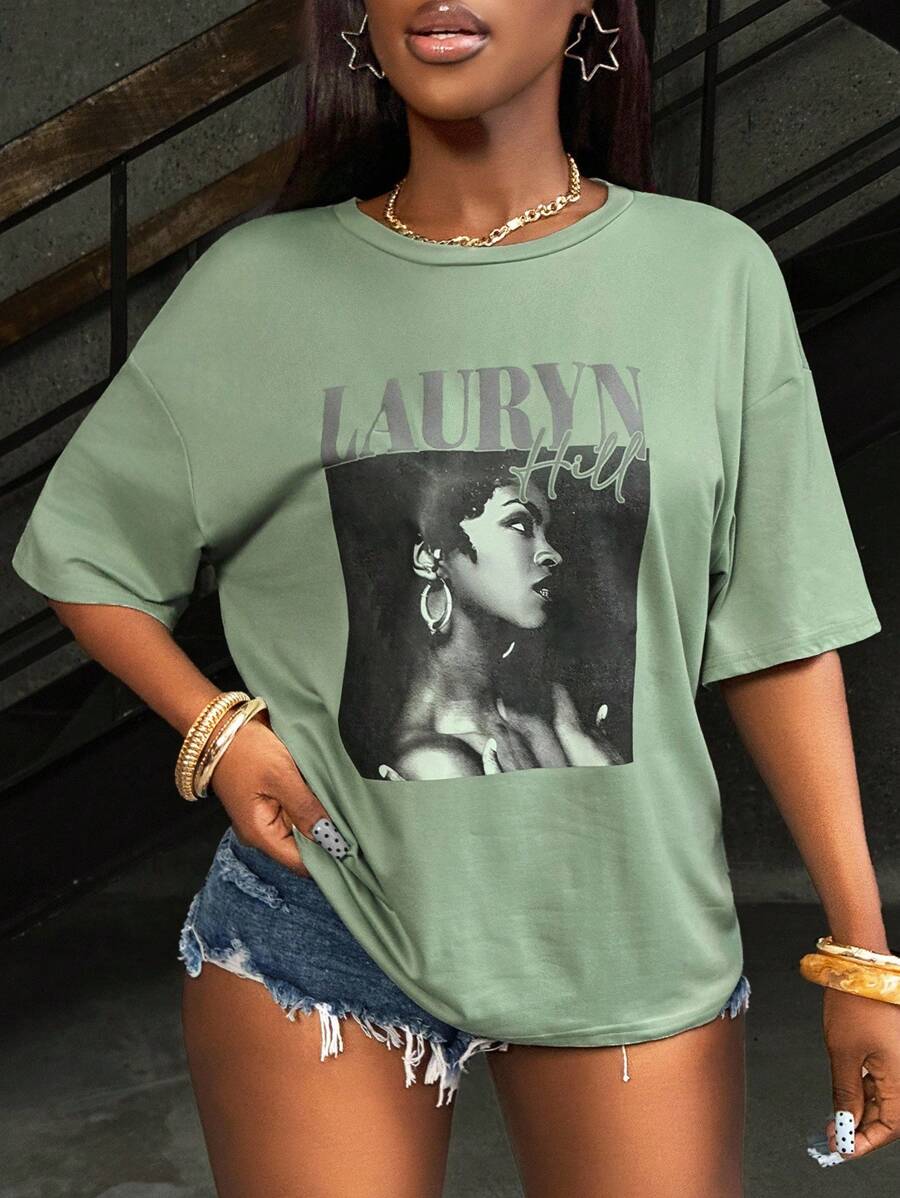 INAWLY Solva Women's Letter & Figure Print Round Neck Short Sleeve Casual T-Shirt - Green - View 1