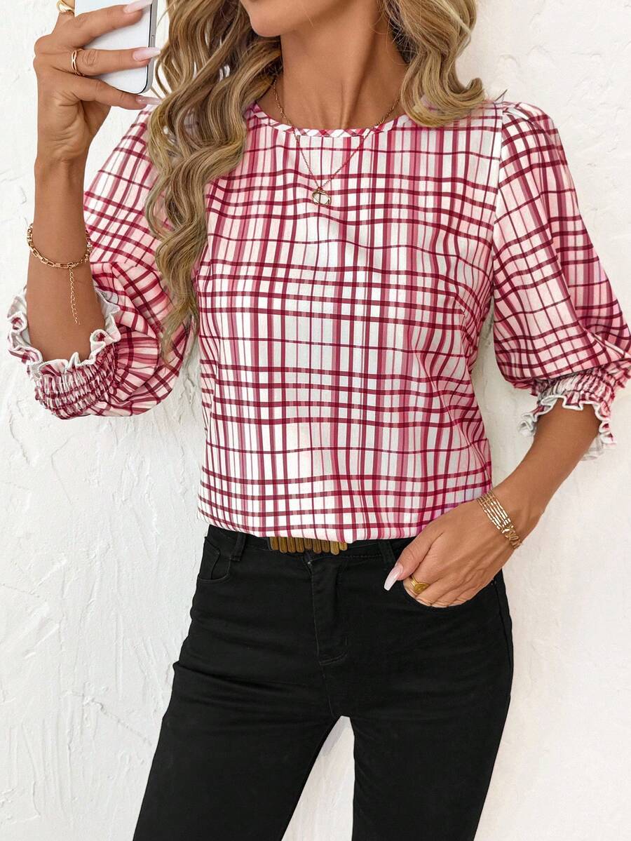 SHEIN Clasi Áo sơ mi nữ cổ tròn tay lửng dáng rộng thoải mái - Đỏ - Xem 1