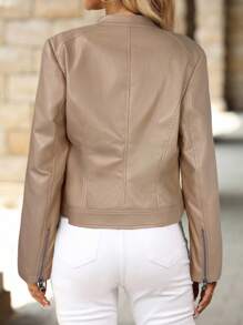 SHEIN Clasi 女士纯色PU皮革修身拉链夹克，带保暖内衬，适合秋冬季穿着 - 卡其色 - 查看 2
