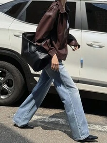 DAZY Lapel Zipper Loose Casual Boyfriend Style Motorcycle Leather Jacket Women Coats - Brown - View 4