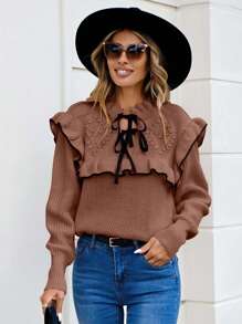 RueChic Farbblock Pullover Für Damen Mit Rüschenverzierung Und Schnürkragen