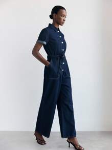 Maija 女士休闲牛仔连体裤，适合夏季通勤 - 深色水洗藍 - 查看 7