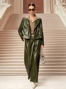 SHEIN Unity Modische, retro-lässige, doppelreihige PU-Lederjacke - Schwarz - Übersicht 3