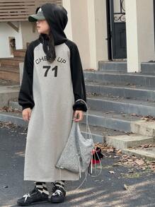 Dazy Kids 少女针织抓绒连帽印花连衣裙，秋冬季 - 灰色 - 查看 9