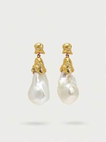 Opalesca 1 对独特、珍珠/珍珠母纹理、金属垂坠耳环，优雅、可爱、奢华，适合工作、派对、休闲、婚礼、节日、度假、露营、Y2K、妈妈、女士、女孩、秋季、冬季、节日、假日、度假、老钱、万圣节 - 金色 - 查看 2