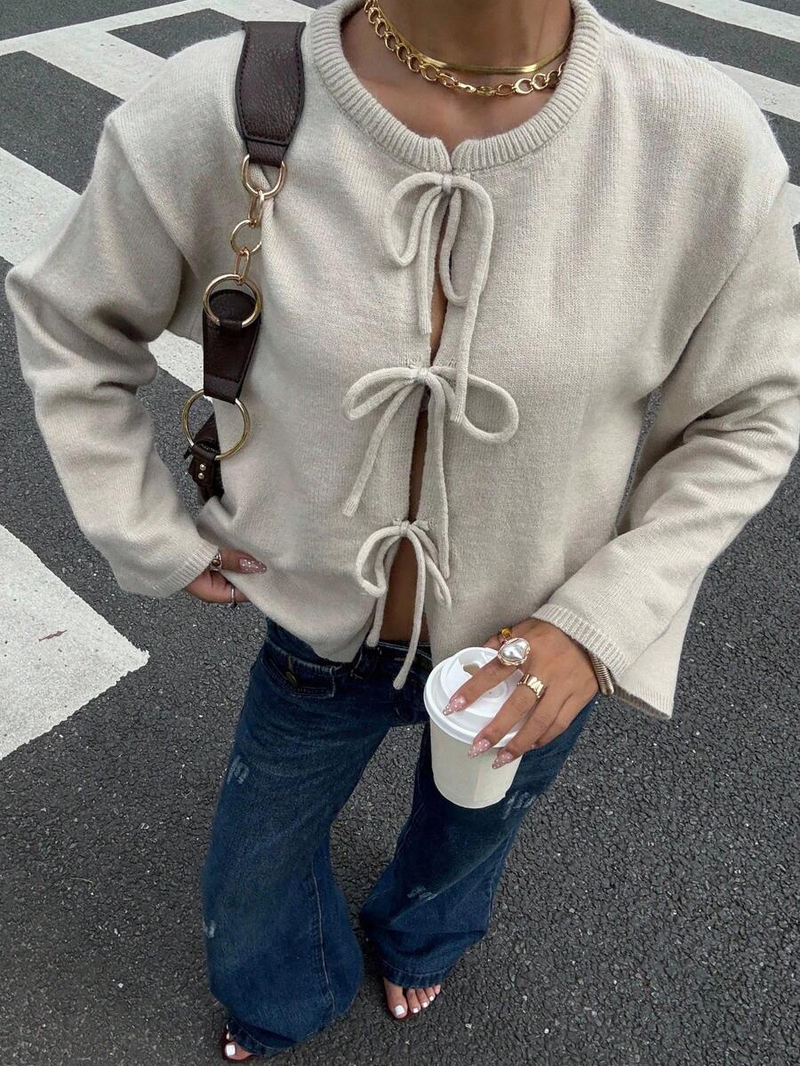 Muchica 女装秋季新款纯色打结长袖开衫，通勤极简主义办公室装，复古简约，女式前系带腰带纯色针织毛衣开衫，可内搭T恤，长袖上衣，适合日常出街穿着 - 杏色 - 查看 1