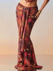 Hauture Gonna lunga da donna sexy, in rete, con stampa animale astratta, modello sirena drappeggiato, elastico - Multicolore - Visualizzare 1