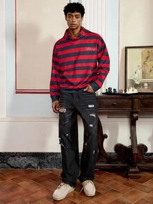 SWAVVY Men's Casual Hoodie With Digital Print Red And Black Striped Long Sleeve Sweatshirt, Spring/Autumn, For Fall Winter - Multicolor - View 7