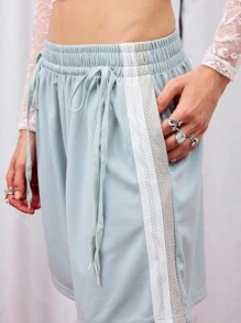 COUREZ Quần short thể thao cạp thấp có chi tiết nơ / Quần short cạp thấp phong cách Y2K, quần áo tập gym dễ thương cho nữ mùa thu, trang phục mùa thu - Màu xanh nhạt - Xem 6