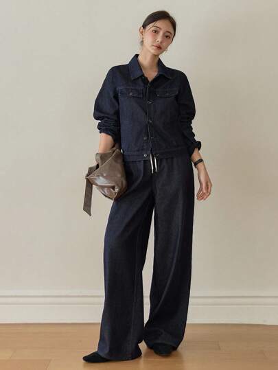 Dazy-Less Conjunto de chaqueta vaquera y pantalones de estilo cargo informal y holgado para mujer con bolsillos grandes, cordón, cintura con lazo, para otoño/invierno, ropa de mujer