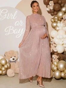 Loomaby 孕妇荷叶边领喇叭袖褶皱亮面连衣裙