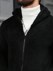 Manfinity CasualCool 男士长袖休闲纯色连帽外套，秋冬季百搭抓绒外套，黑色 - 黑色 - 查看 5