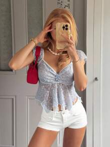 CovetEZ Women Lace Ruffle Hem Sweetheart Neck Cap Sleeve Elegant T-Shirt,Rave Top,See Through Top,Summer Tops - Blue - View 1