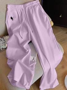 SHEIN New Casual Horse Embroidery Slouchy Versatile Solid Color Straight Leg Pants For Women Fall Cloth For Women