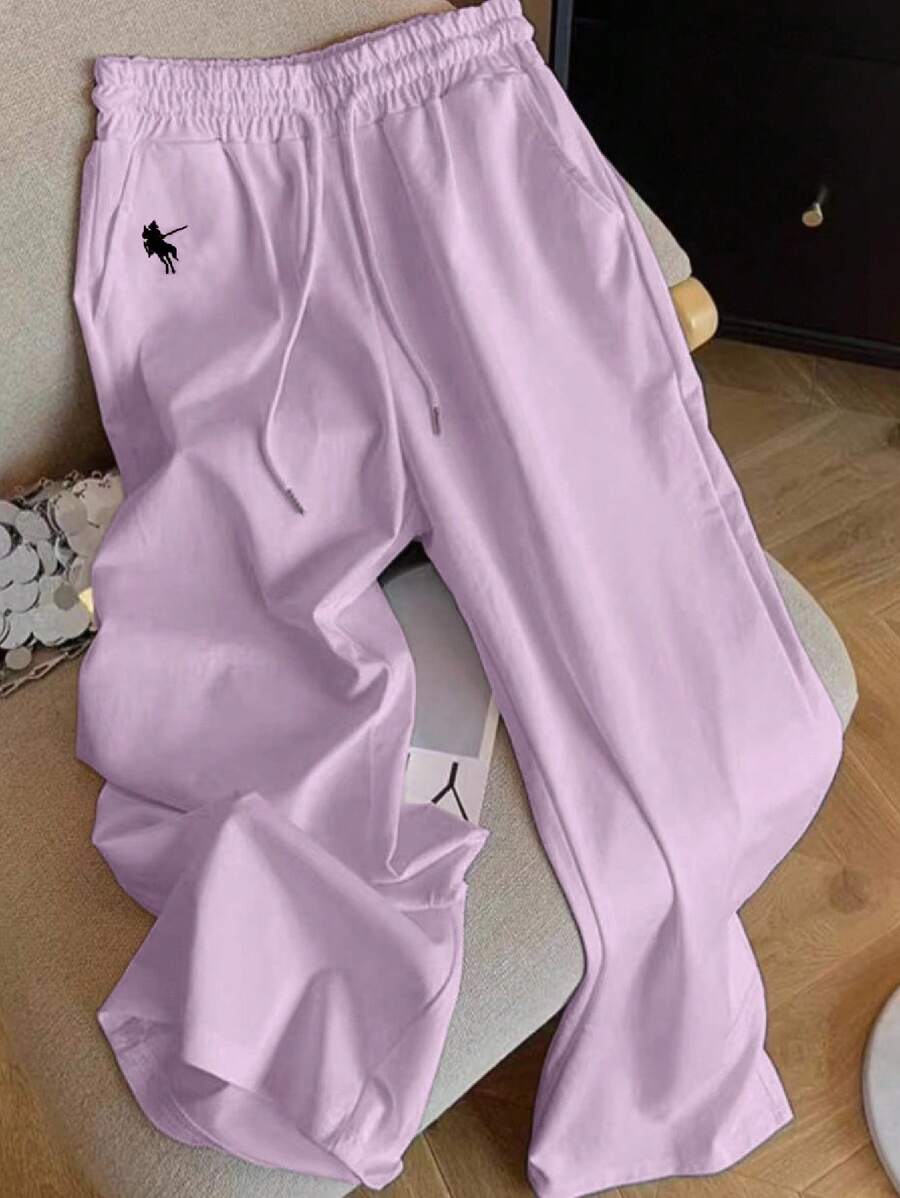 SHEIN New Casual Horse Embroidery Slouchy Versatile Solid Color Straight Leg Pants For Women Fall Cloth For Women