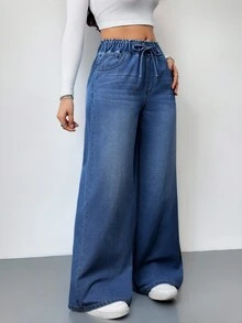 SHEIN PETITE Women's Blue Jeans Summer Wide-Leg Pants Comfortable Elastic Waist With Pockets Summer Casual Wear - Dark Wash - View 6
