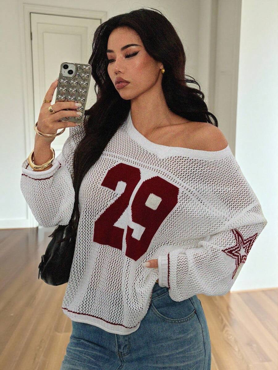 SHEIN PETITE 女士镂空数字图案针织长袖毛衣