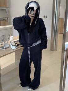 DAZY Set de 2 piese pentru femei, cu glugă și hanorac în carouri, pantaloni scurți cu picior drept, stil casual, stil streetwear - Albastru marin - Vizualizare 7