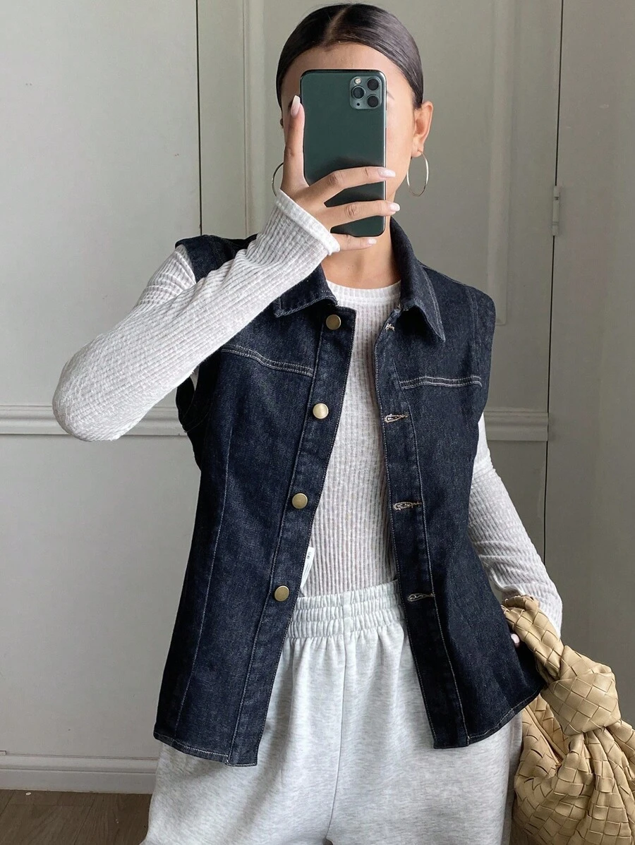 DAZY Women's Lapel Sleeveless Denim Vest, Casual City Style Denim Top