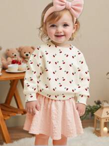 SHEIN Happikins Baby Girl Cream White, Cute Sweet Mini Cherry Pattern, Casual Loose Fit Crew Neck Soft Knit Pullover Sweatshirt, Suitable For Autumn/Winter, Summer For Easy Comfort, Autumn Layers For, Stylish, Casual Wear, Graphic, Back To School, Fall, Homecoming Cherry Cherry Top Cherry Shirt Long Sleeve Top Girl