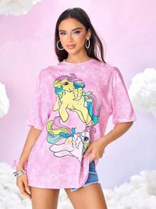 My Little Pony X SHEIN Women's Casual Everyday Street Chic Cartoon Pegasus & Tie-Dye Print Loose Fit T-Shirt, Summer - Pink - View 4