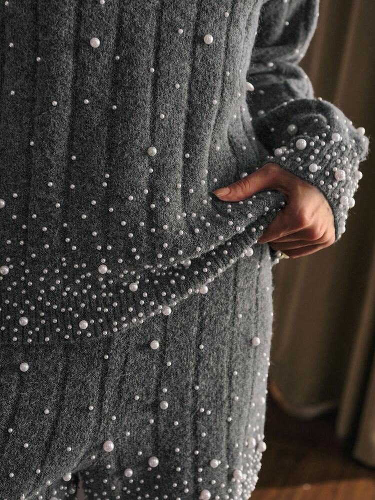 FAUX PEARL RIB-KNIT TOP & SKIRT SWEATER SET