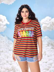 SHEIN X Care Bears Áo thun ngắn tay kẻ sọc in hình gấu hoạt hình cỡ lớn mùa hè, áo cầu vồng, áo cầu vồng chủ đề cầu vồng mùa thu - Nhiều màu - Xem 4