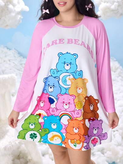 SHEIN X Care Bears 加大码拼色卡通熊印花长袖睡袍爱心熊睡衣可爱睡衣卡哇伊睡衣秋季舒适服装