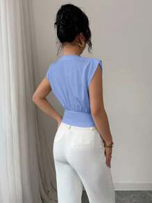 Elenzga 女式全新针织休闲白色立领半拉链腰修身无袖 T 恤 - 藍色 - 查看 2