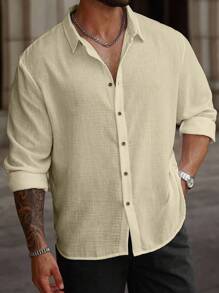 Manfinity Homme Men Plus Size Casual Solid Color Long Sleeve Shirt, Fall - Khaki - View 5