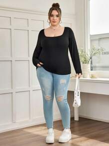 SHEIN CURVE+ Curves 大码/学校服装/返校服装/返校 2 件/套装大码女式方领紧身长袖休闲黑白 T 恤套装，百搭女士春秋季基本款上衣大码黑色上衣大码长袖上衣方领上衣大码女式上衣大码纯色上衣女式秋季服装，冬季，CURVE PLUS - 黑與白 - 查看 3