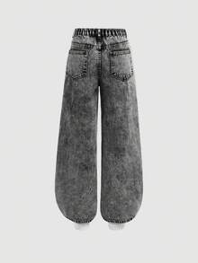 SHEIN Girlism 少女蓝色做旧宽松直筒牛仔裤 - 黑色 - 查看 2