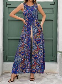 Ellevyn 女士优雅度假印花裹身式圆领连体裤