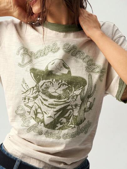 Bohemela 音乐节休闲针织拼色圆领短袖宽松水洗牛仔猫咪图案T恤女款