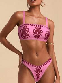 Travachic Damen Sommer Strand Blumen Muster Sexy Bikini Badeanzug Set, Rosa Bikini Set Zwei Teile Badeanzug, Bademode für Damen, Rosa Bescheidener Bikini Set 2 Teile Badeanzug - Heißes Pink - Übersicht 6