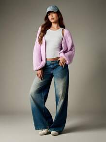 MISSGUIDED 粗针织短款开衫纽扣前开襟超大灯笼袖 V 领冬秋季毛衣舒适休闲针织衫